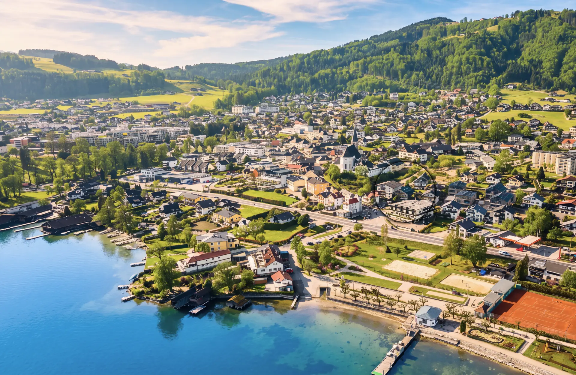 Luftaufnahme von Altmünster am Traunsee mit markierter Projektlage